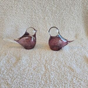 Zorza Hand Blown Glass Birds Set 2 Purple Clear Art Glass Made In Poland Vintage